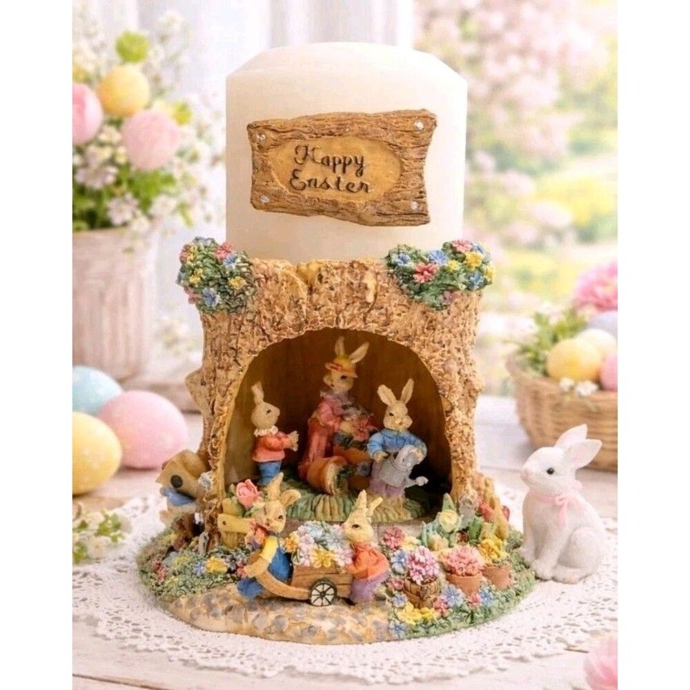 Vtg. Pillar Candle Happy Easter Bunny Family tree stump 3pc. floral ,Birds 1998